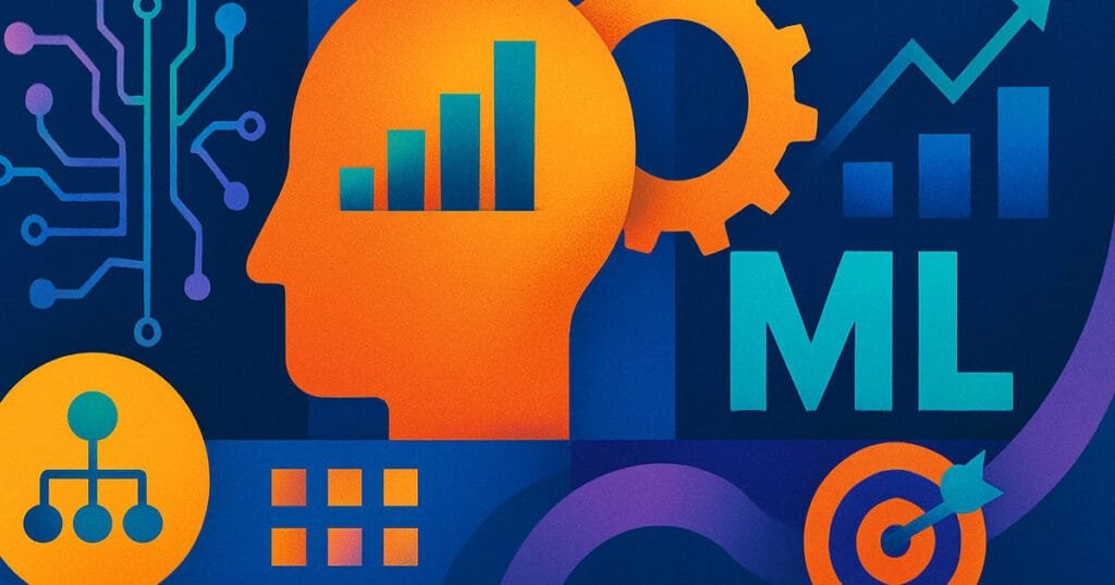 Abstract illustration representing machine learning with data charts, neural circuits, a human head silhouette, gears, and target icons in vibrant colours.
