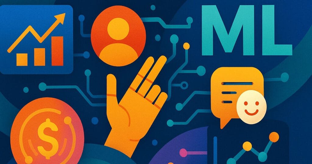 Abstract illustration showing machine learning in business with icons for data, money, personalisation, chat, and automation linked by digital circuits.