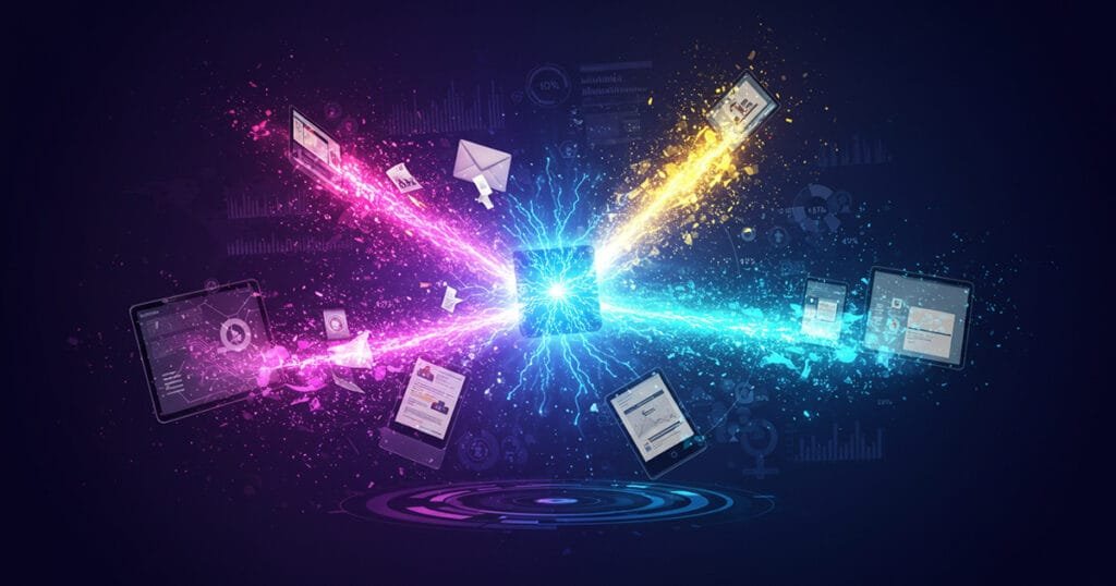 Vibrant AI hub creating multiple marketing content formats, with colorful energy streams connecting to analytics dashboards, emails, and digital platforms.