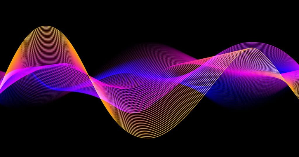 Colorful abstract sound waves on a black background, representing neural networks used in speech recognition and audio signal processing.