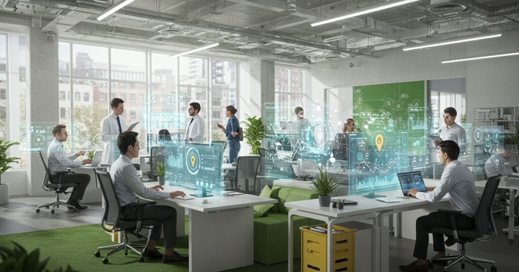 Modern office with diverse professionals using digital analytics dashboards to improve decision-making, process efficiency, and customer insights.
