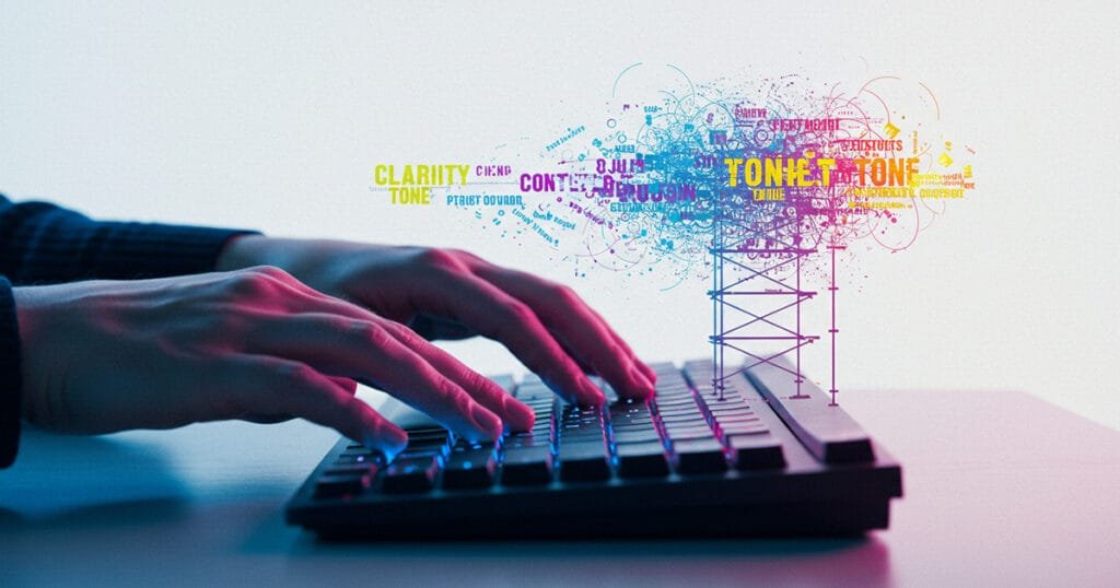 Hands typing on keyboard creating structured prompt engineering elements for marketing, with key terms like clarity, context, and tone visually organised.