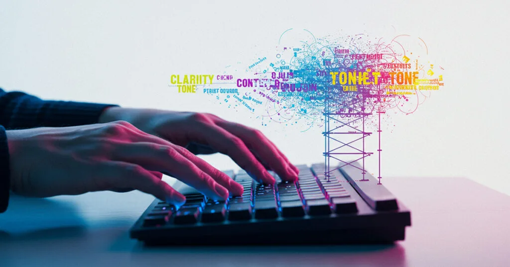 Hands typing on keyboard creating structured prompt engineering elements for marketing, with key terms like clarity, context, and tone visually organised.