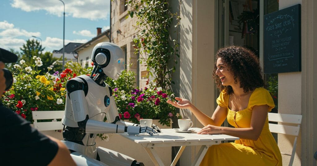 A humanoid robot and a smiling woman in a yellow dress sit at a white café table outdoors, engaging in conversation on a sunny day, surrounded by colourful flowers and a chalkboard menu in the background.