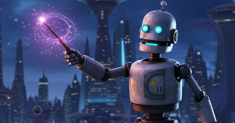 A robot with glowing blue eyes holds a magic wand emitting purple sparks, standing in a futuristic cityscape at night.