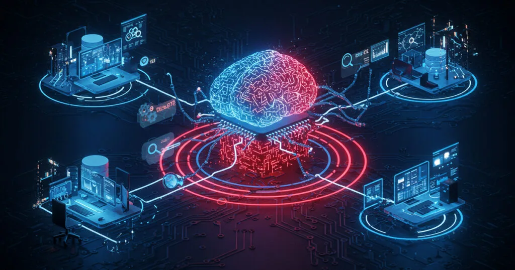 Agentic AI visualisation showing a glowing brain-like central processor connected to multiple computer systems, databases, and tools, demonstrating autonomous operation.