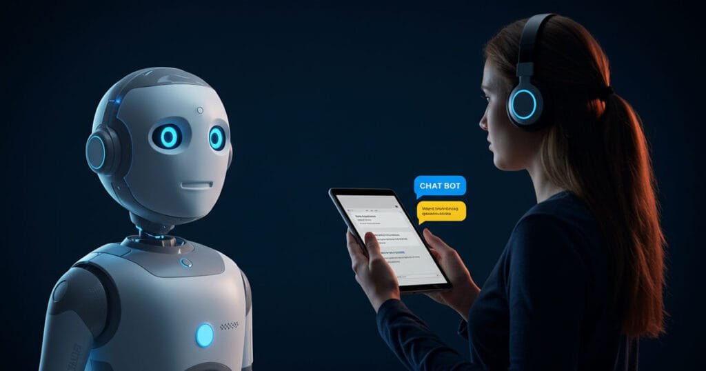 A woman uses a tablet to chat with a humanoid robot, showcasing Natural Language Processing in action, both wearing matching glowing headphones.