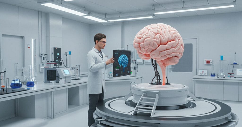 A scientist in a modern lab studies a large artificial brain connected to machinery, with data visualisations displayed on a nearby transparent screen.