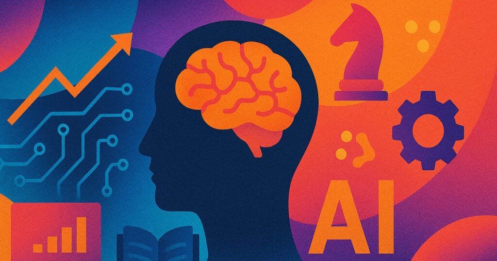 Abstract illustration symbolising Artificial Intelligence with a human head, brain, circuits, gears, and icons representing learning, data, and decision-making.