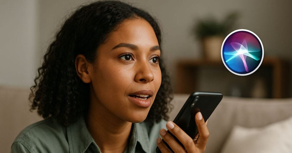 Woman speaking into smartphone with a Siri icon overlay, representing how voice assistants use deep learning to recognise and understand spoken requests.