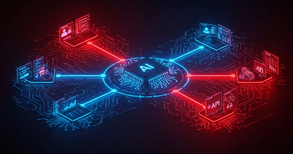 "A system diagram showing input sensors (blue) and output actuators (red) connected to a central AI processor through glowing circuit pathways.