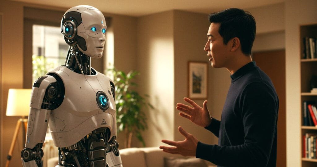 A man speaks expressively to a humanoid robot in a cosy room, illustrating a real-world interaction powered by Natural Language Processing.