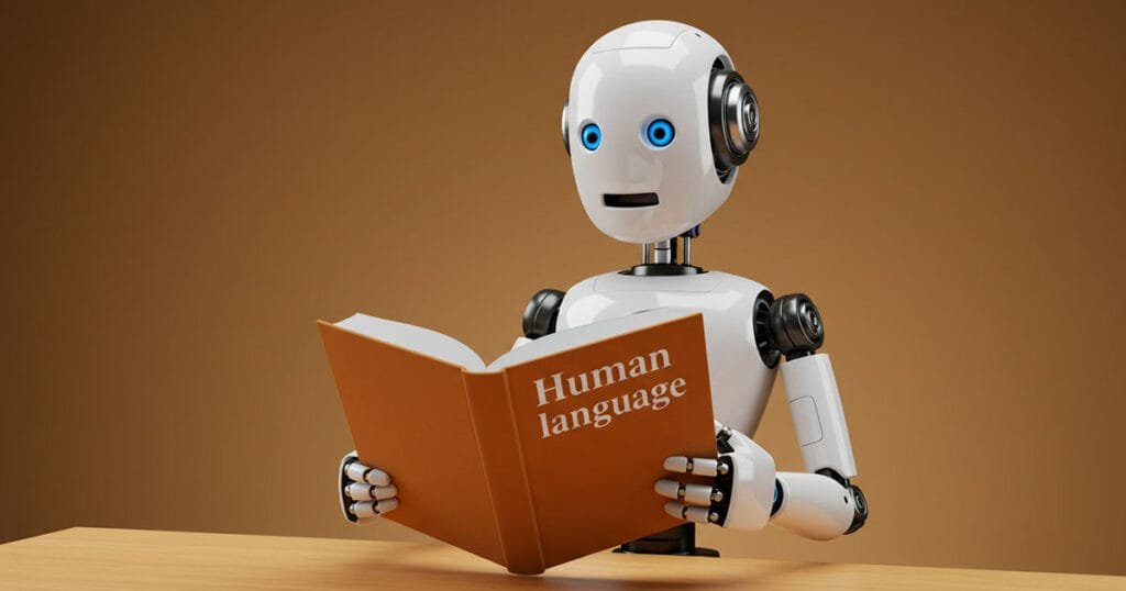 A surprised-looking robot reads a book titled "Human language" at a desk, representing the learning challenges in Natural Language Processing.