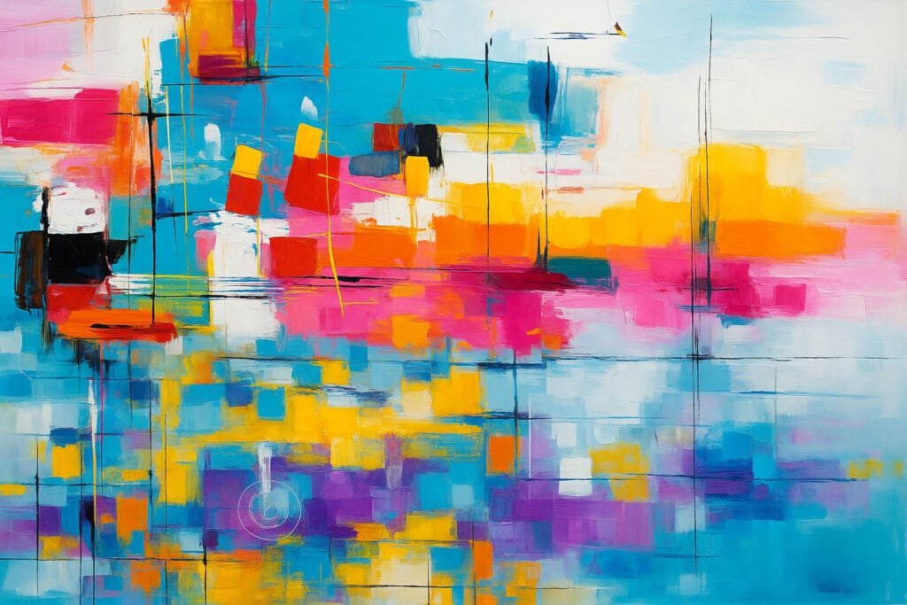 Colourful abstract art featuring squares and vibrant shades of blue, yellow, and pink