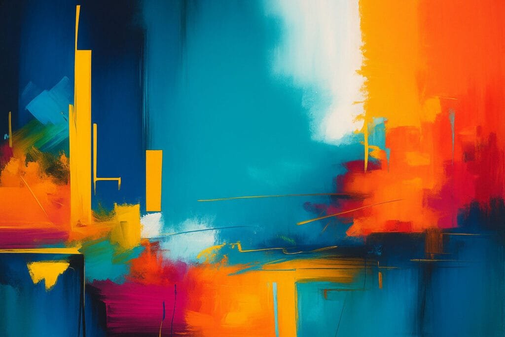 Dynamic abstract painting with bold blue, orange, and yellow hues.