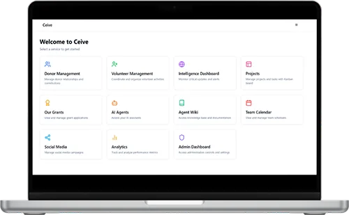 Laptop screen displaying the Ceive platform homepage with icons for managing donors, volunteers, projects, AI agents, analytics, and team tools.