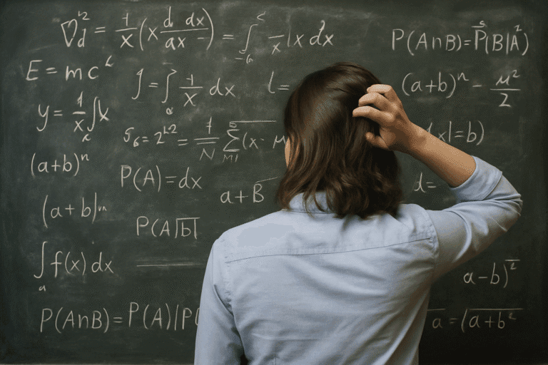 Student scratching head while facing complex mathematical equations on blackboard, representing the challenge of understanding algorithms