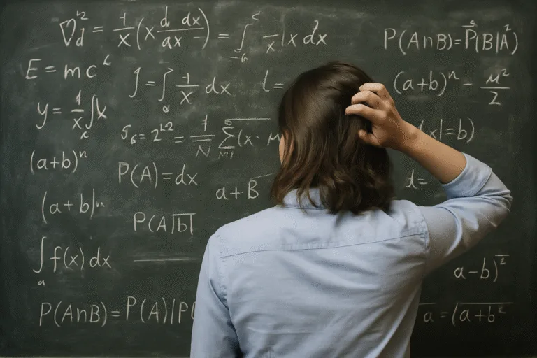 Student scratching head while facing complex mathematical equations on blackboard, representing the challenge of understanding algorithms