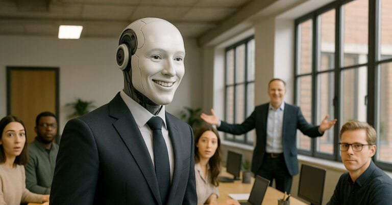 Humanoid robot in business suit smiling in modern office meeting room with diverse team of professionals in background