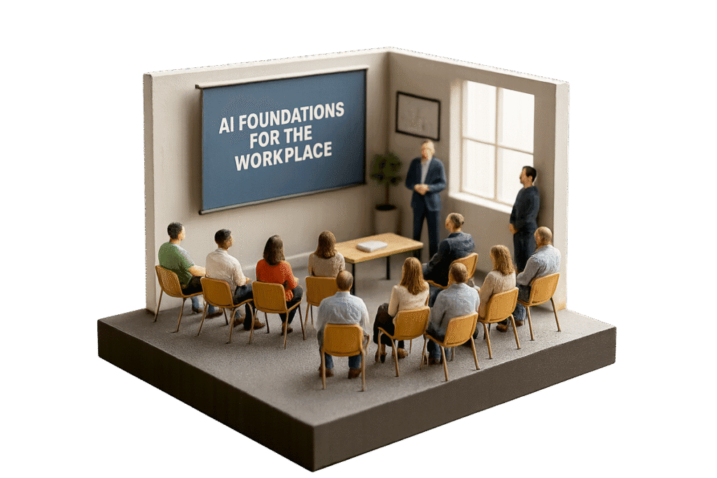 AI Foundations for the Workplace training session with diverse professionals learning in modern classroom setting