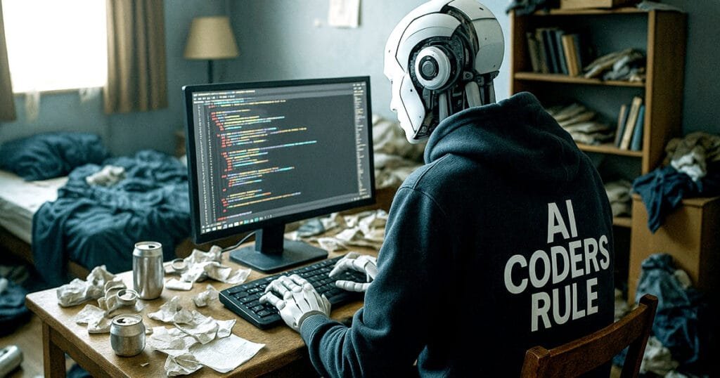 AI humanoid coding at messy desk, wearing hoodie with 'AI Coders Rule', humorous take on AI software development.