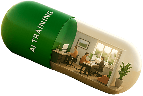 AI training capsule showing professionals learning artificial intelligence skills in modern office environment