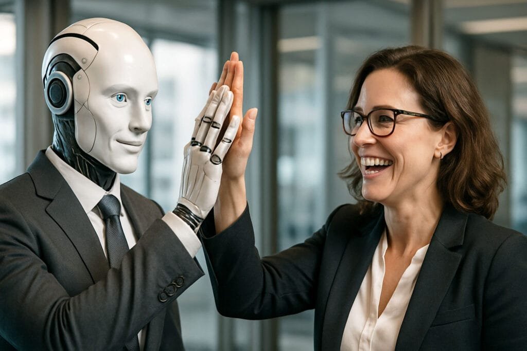 Successful AI consulting for small businesses partnership shown by businesswoman and humanoid robot giving high-five in modern office