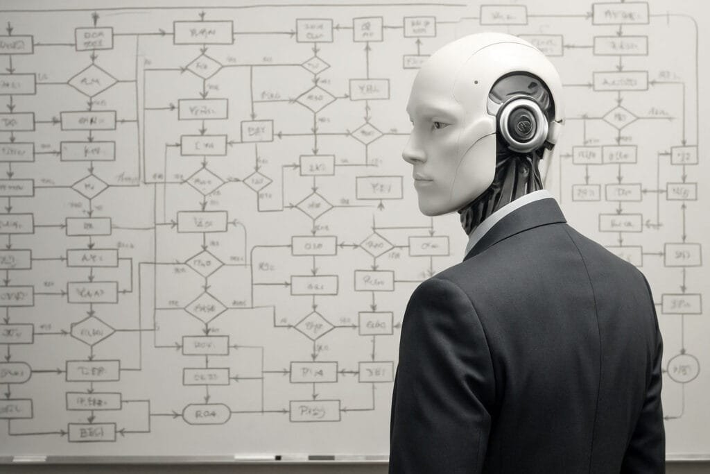 AI consulting for small businesses concept showing humanoid robot in business suit analyzing complex workflow diagram on whiteboard
