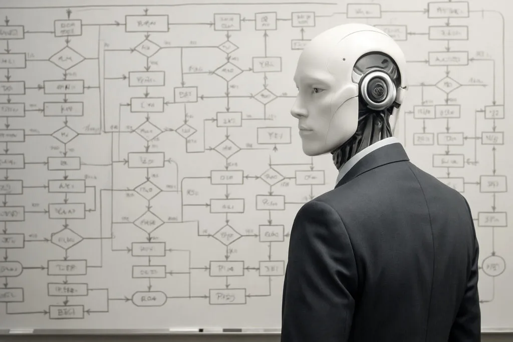 AI consulting for small businesses concept showing humanoid robot in business suit analyzing complex workflow diagram on whiteboard