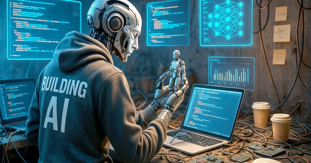 AI humanoid coding ai software development while holding mini robot, surrounded by holographic neural network diagrams.