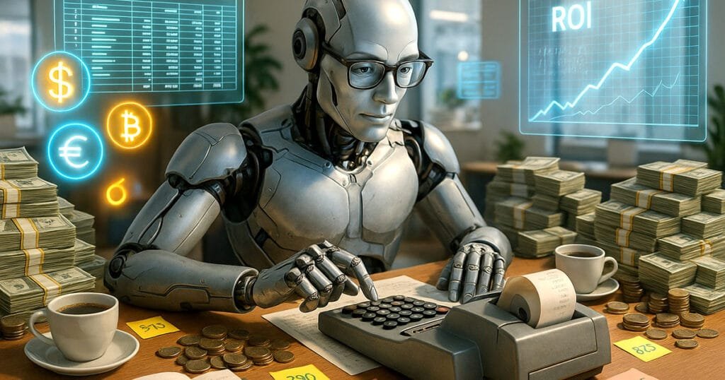 AI robot calculating ai software development costs on adding machine, surrounded by cash, coins and floating ROI graphs.