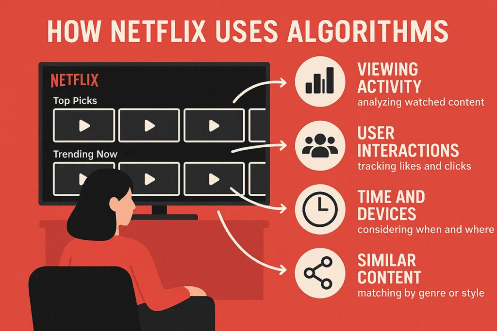 Infographic showing how Netflix uses AI algorithms to analyze viewing activity, user interactions, time patterns, and content similarity