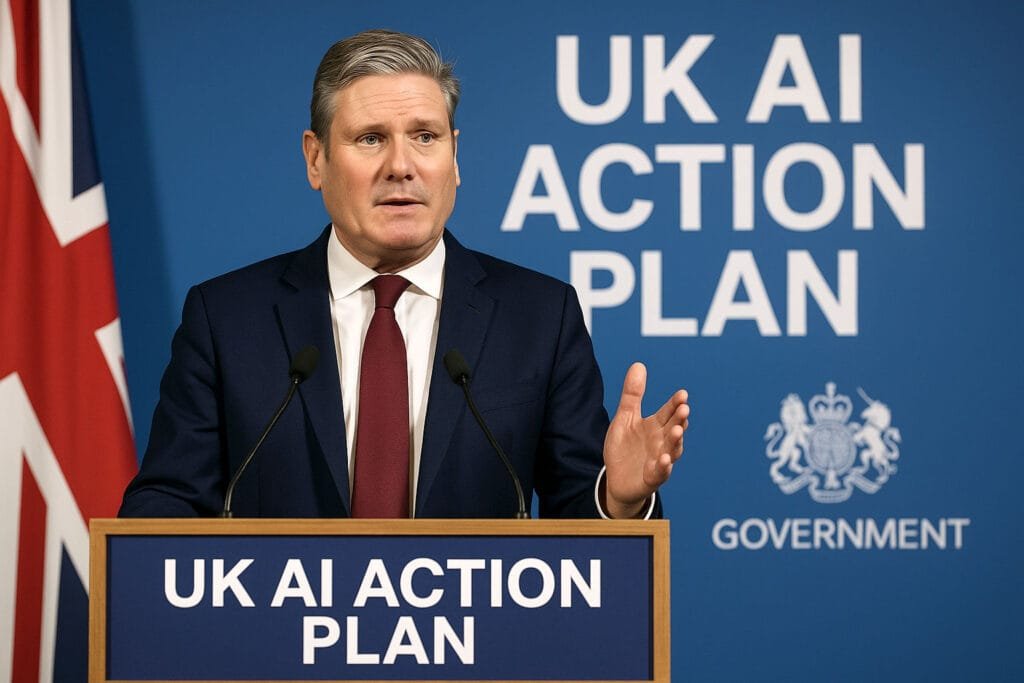 UK Prime Minister announcing AI Action Plan that will benefit AI consulting for small businesses at government press conference