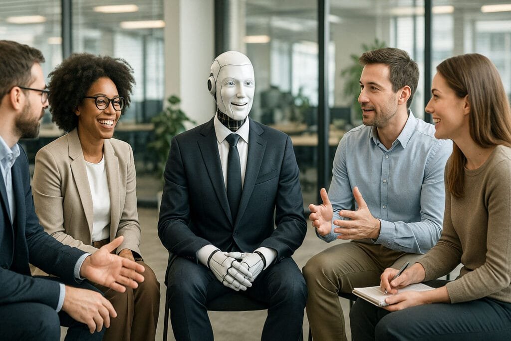Humanoid robot in business suit participating in team meeting with diverse group of professionals in modern office