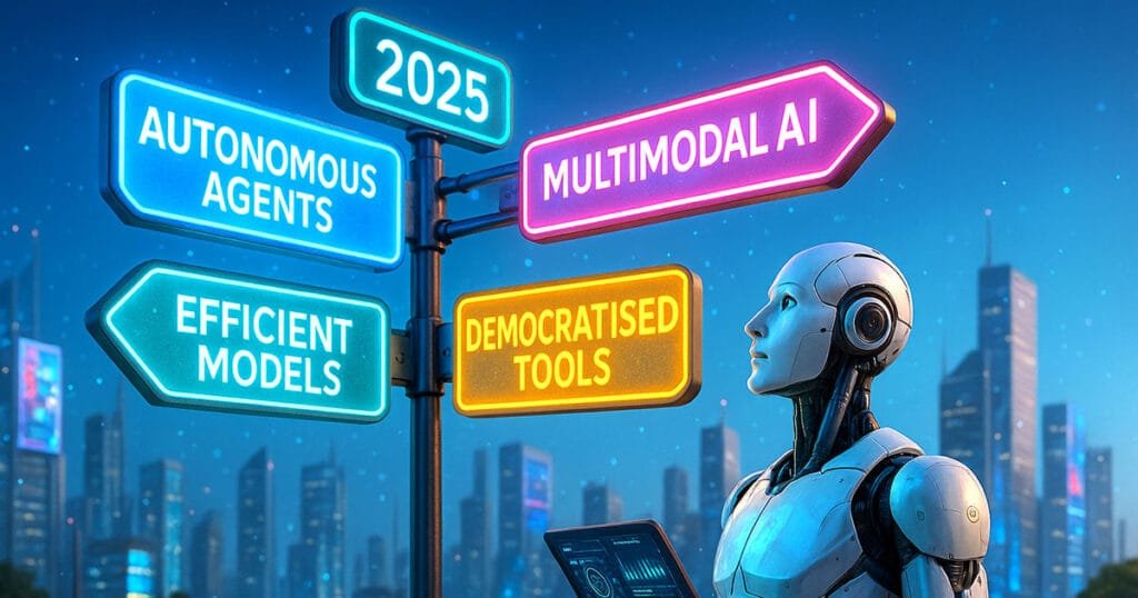 AI robot standing at crossroads under four glowing signs: Autonomous Agents, Multimodal AI, Efficient Models, Tools.