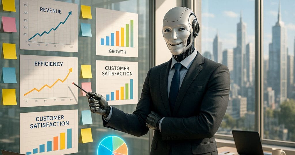 AI robot in suit presenting business charts, ROI graphs and sticky notes in bright modern office.