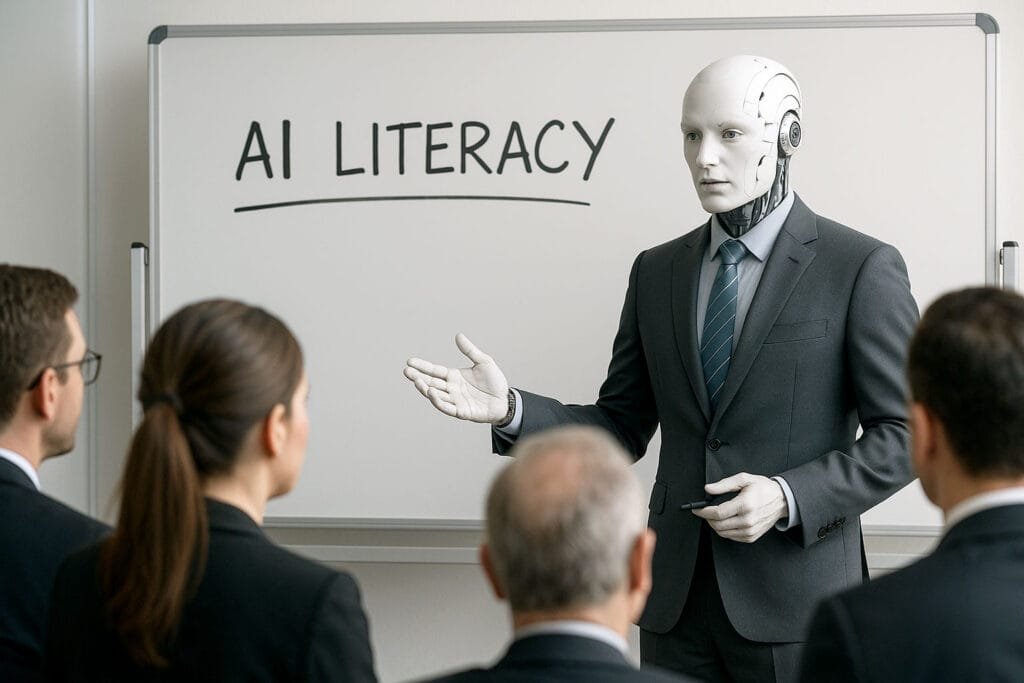 Humanoid robot in business suit presenting AI literacy seminar to group of professional attendees in conference room