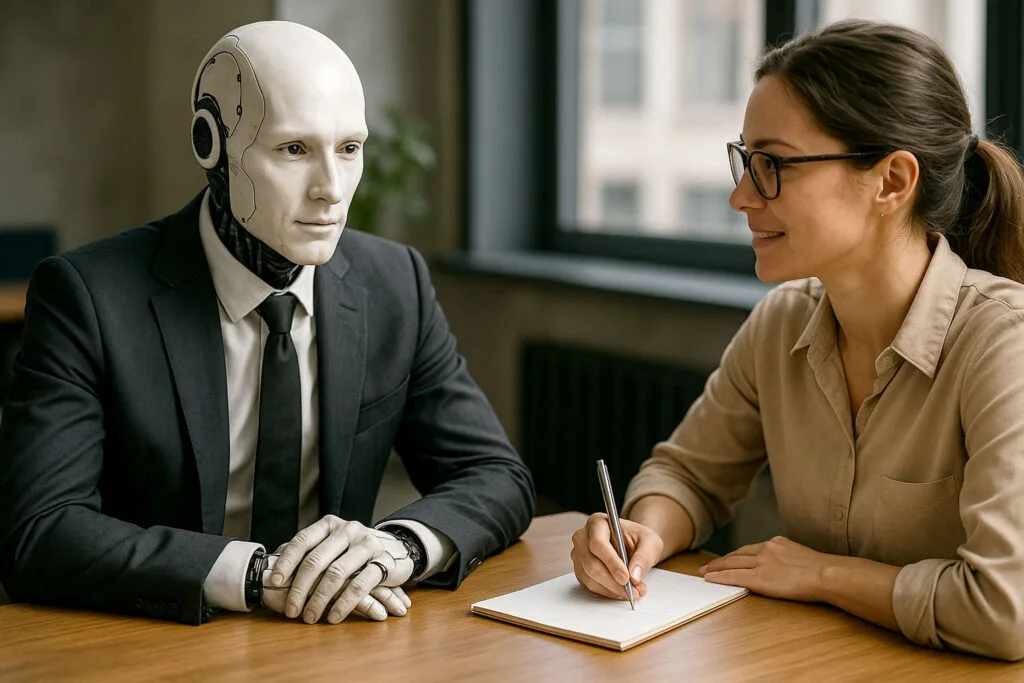 AI consulting for small businesses meeting with humanoid robot advisor and businesswoman discussing implementation strategies