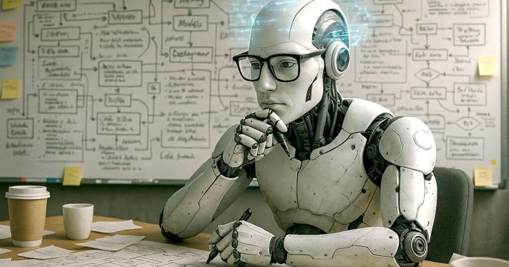 AI robot planning ai software development on cluttered whiteboard with flowcharts, diagrams, and code architecture.