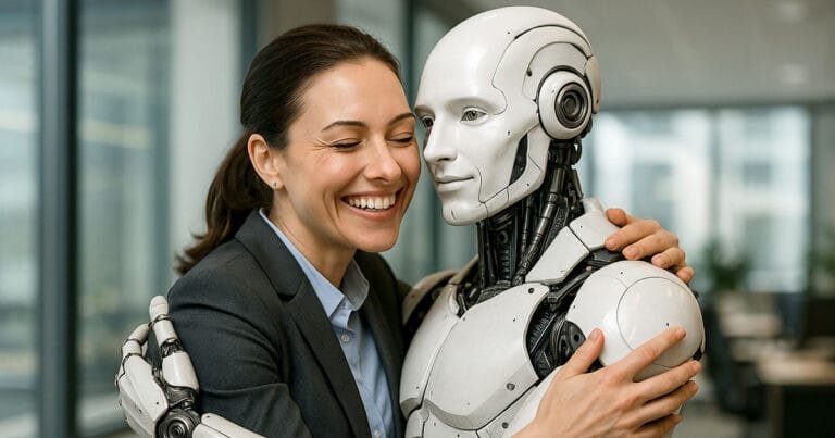 Smiling businesswoman embracing humanoid robot in modern office, illustrating what is generative AI means for human-AI collaboration at work