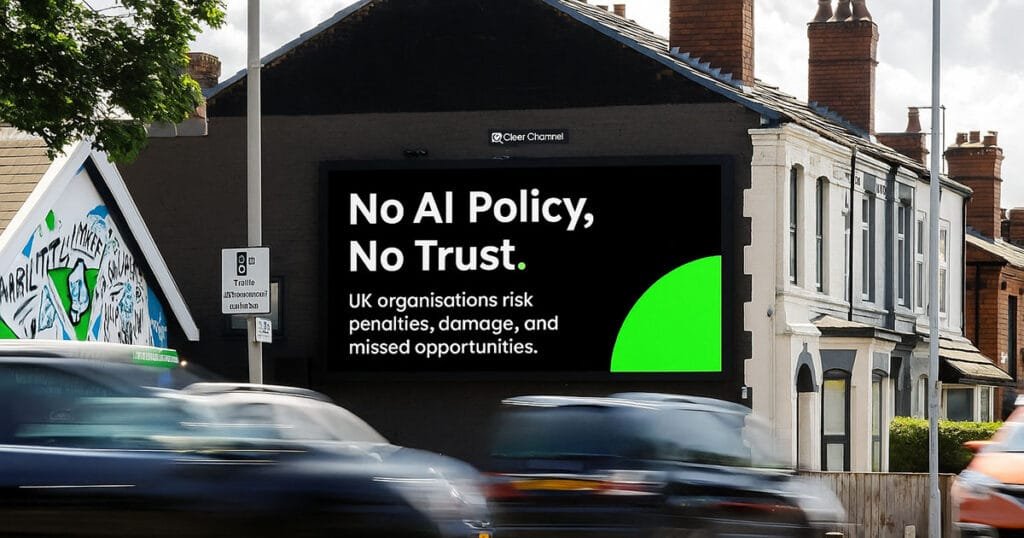 Digital billboard warning "No Trust" highlighting risks for UK organisations without proper governance frameworks