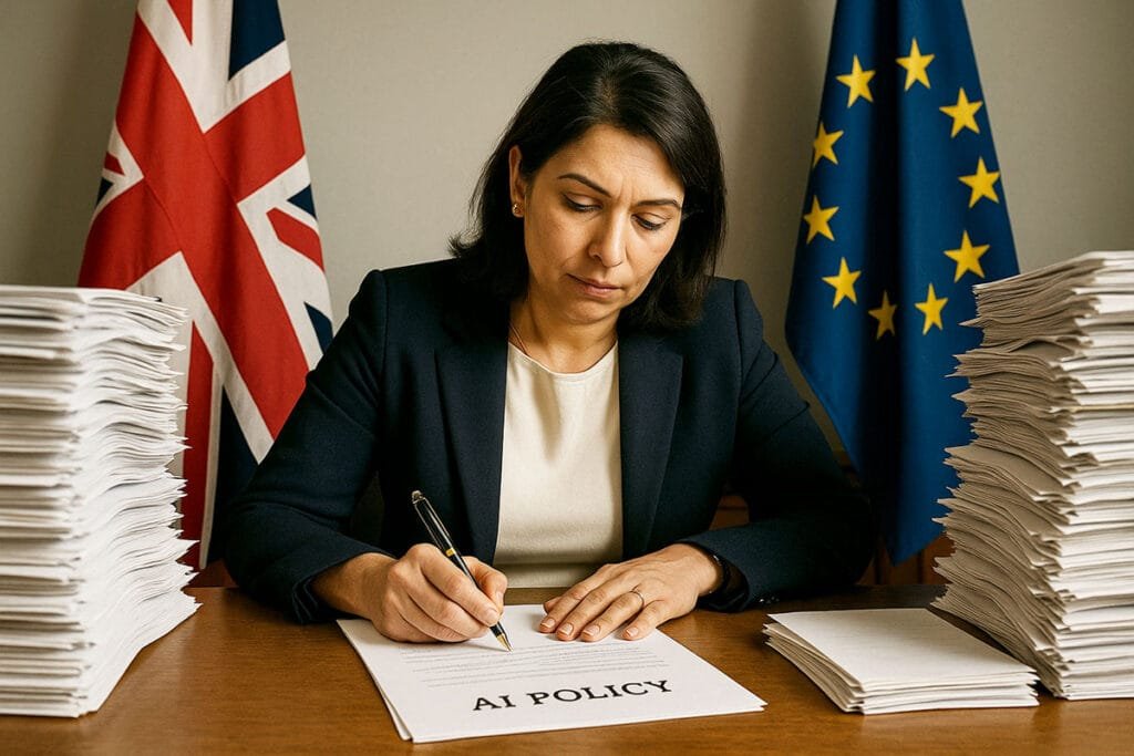 Professional woman drafting governance document with UK and EU flags, surrounded by regulatory paperwork and compliance materials