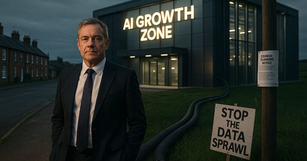 Man in suit stands outside modern AI data centre in rural UK, with protest sign highlighting concerns over AI growth zones and local disruption.