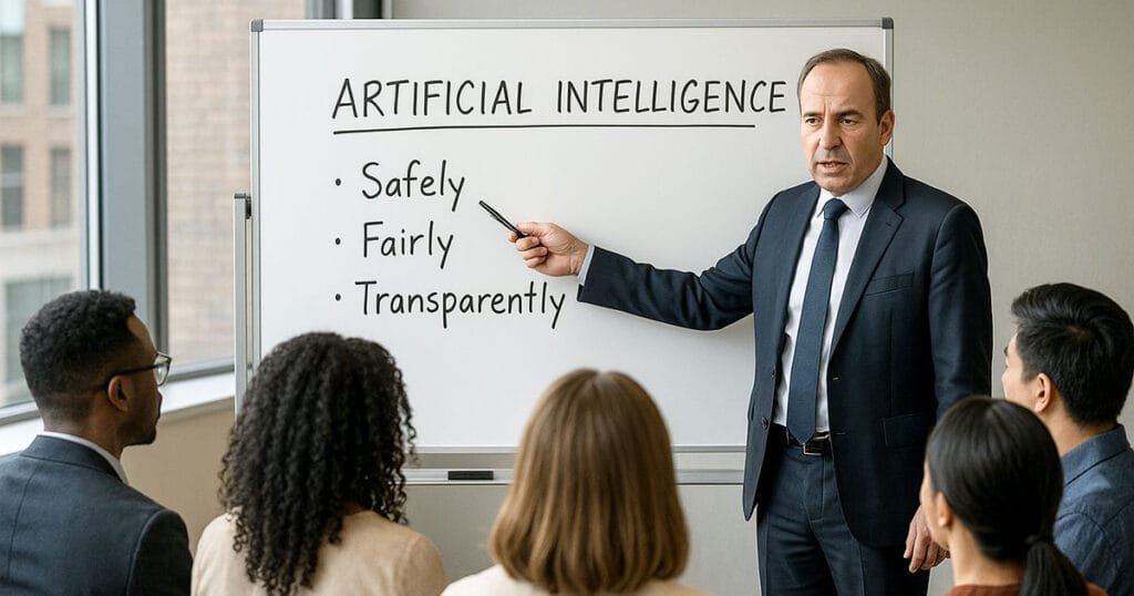 Business trainer explaining AI Policy principles - safely, fairly, transparently - to diverse professional audience