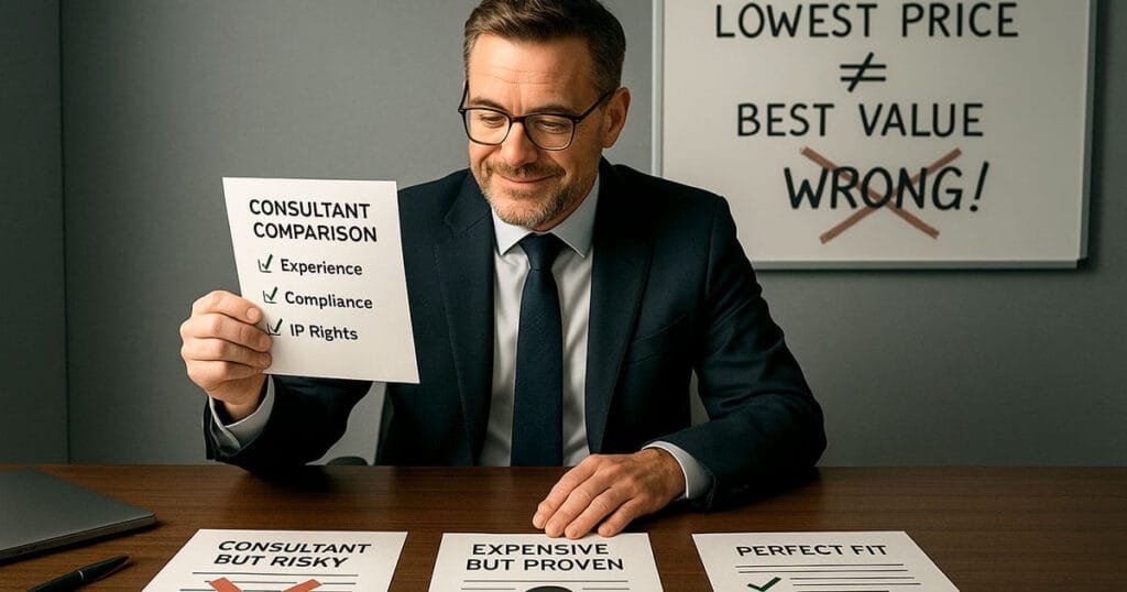 Professional at desk evaluating consultant proposals like detective, checklist showing experience and compliance criteria