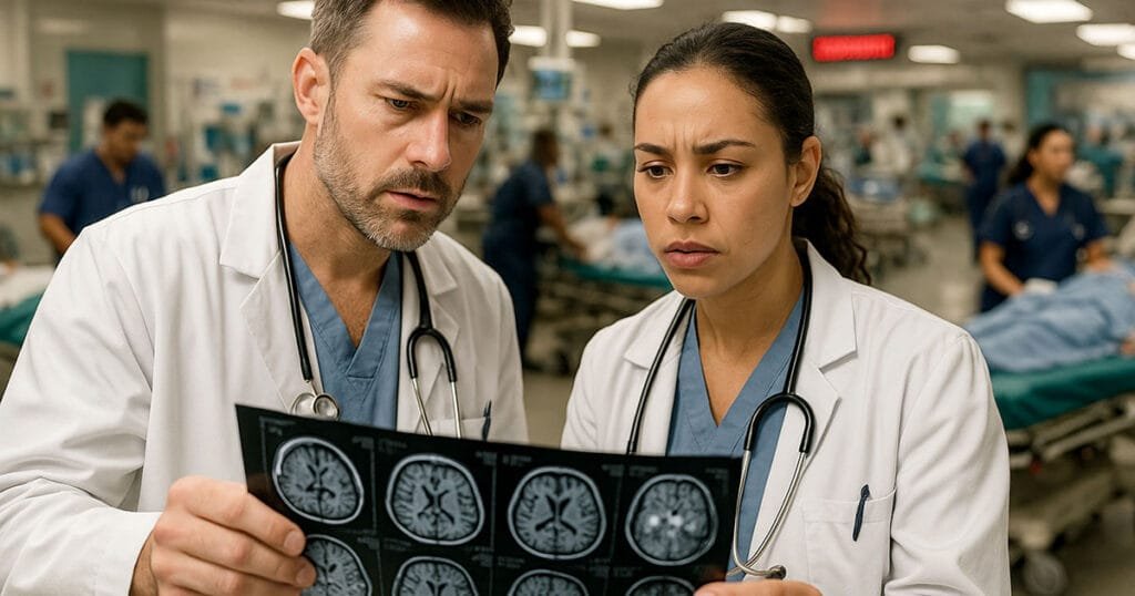 Two doctors in white coats examining brain scan images in hospital setting. Isambard AI supercomputer assists medical professionals in analysing scans.