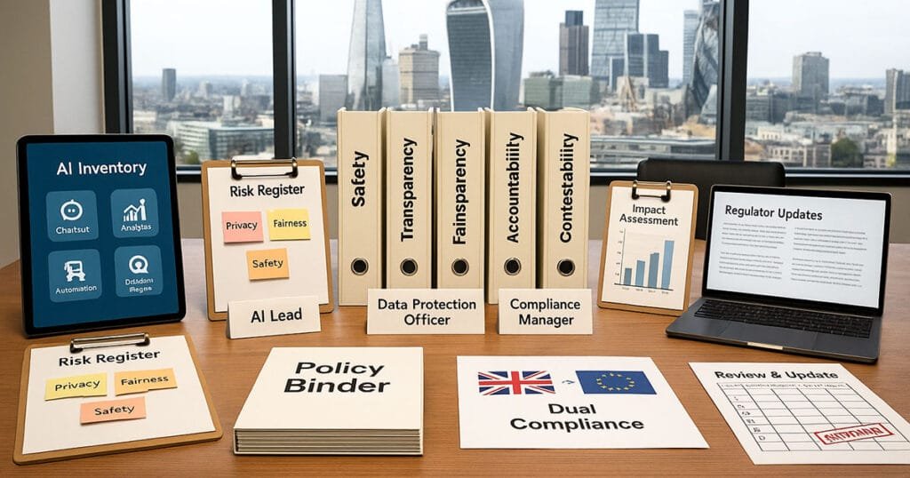 Organized AI Policy governance workspace with safety, transparency, fairness, accountability files and compliance tools overlooking London