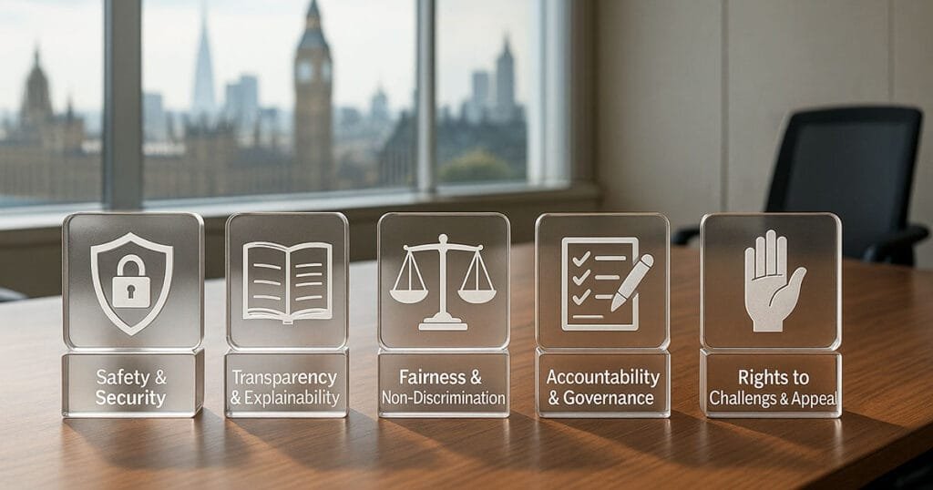 Five AI Policy principles displayed as icons: safety & security, transparency, fairness, accountability, and rights to challenge