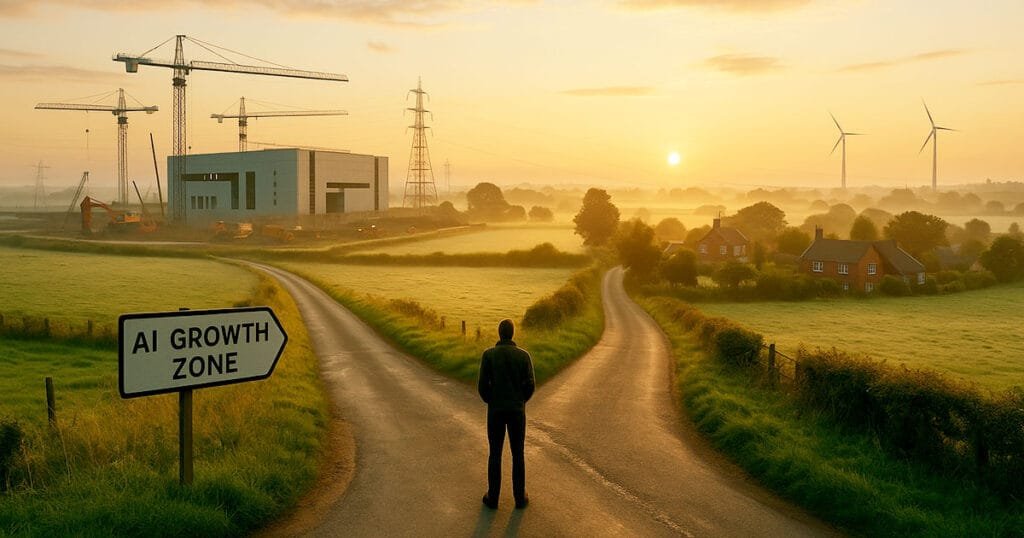 A lone figure stands at a rural crossroads at sunrise, facing a sign to an AI growth zone and highlighting the tension between progress and preservation.