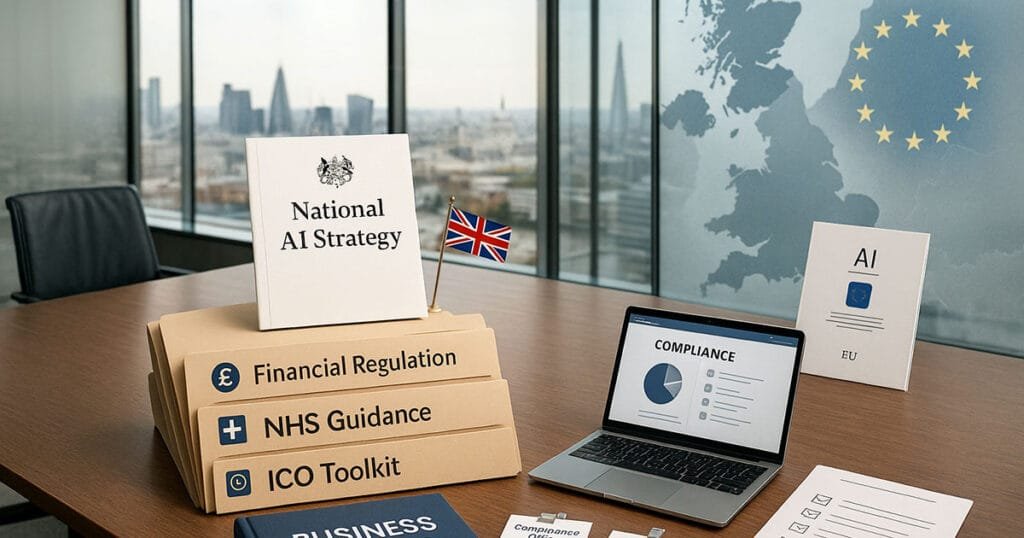 UK regulatory guidance including National AI Strategy, financial regulation, NHS guidance, and ICO toolkit for compliance